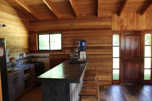 a kitchen with wooden walls and a counter in a cabin at Los arrayanes de huife pucon in Termas De Huife