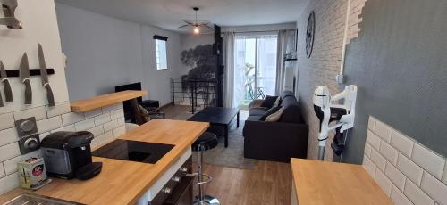 une cuisine et un salon avec un canapé et une table dans l'établissement Appartement calme aux Prébendes, à Tours