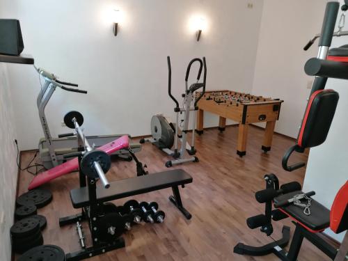 a gym with tread machines and a table with a chessboard at Ferienwohnung Gebken in Börgerwald