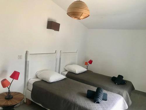 deux lits côte à côte dans une chambre dans l'établissement Sete Villa Le Gabanon piscine et 1ere etang, à Sète