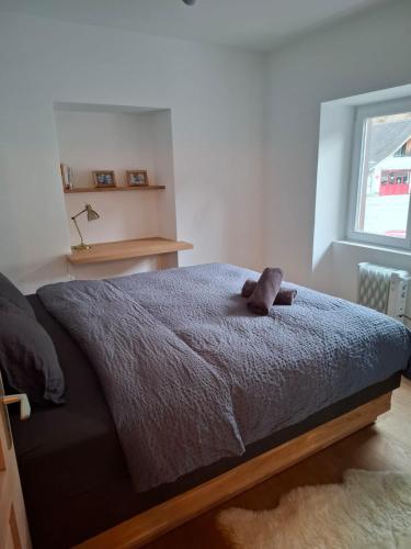 ein Schlafzimmer mit einem Bett, auf dem ein Teddybär liegt in der Unterkunft Charming Holiday Retreat in Tamins near Flims in Tamins