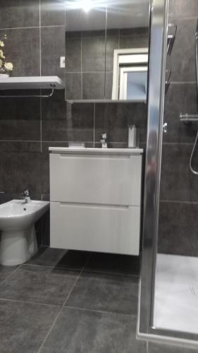 une salle de bain avec un lavabo, des toilettes et un miroir dans l'établissement Elegant F2 with all comforts in center of Cannes, à Cannes