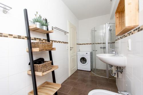 a bathroom with a sink and a washing machine at kleines Landdomiziel in Damerow
