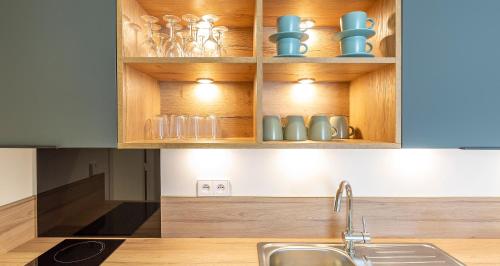 a kitchen with wooden cabinets and a sink at Hôtel Kemaris in Biarritz