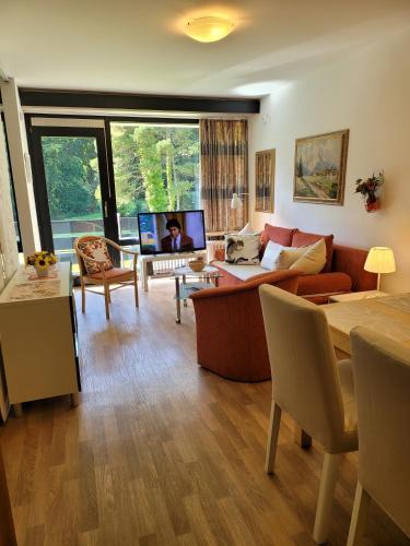 a living room with a couch and a table at Alpenschwänchen 2 - Salzschwänchen in Bad Reichenhall