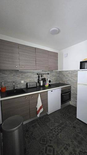 une cuisine avec un évier et un réfrigérateur blanc dans l'établissement Appartement Kris à la plage, à Sainte-Maxime