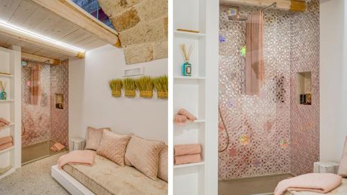 two images of a room with a couch and a shower at New Dimora Valmar in Polignano a Mare