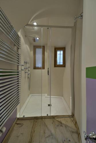 a shower with a glass door in a bathroom at Alte Scheune - Samedan in Samedan