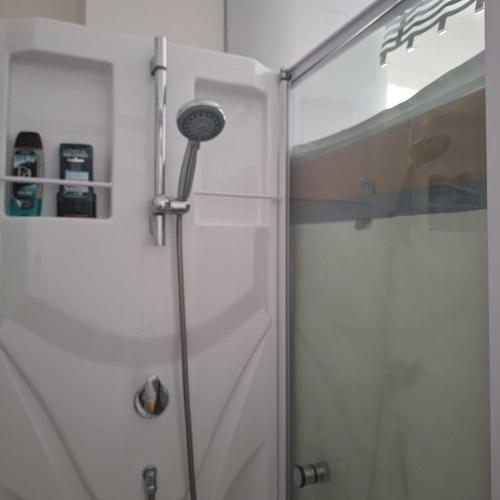 a shower in a bathroom with a glass door at Apartment in country house in Pressbaum