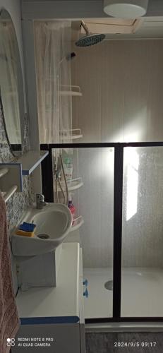 a small bathroom with a sink and a mirror at Mobil home dans camping calme proche plage in Meschers-sur-Gironde
