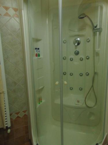 a shower with a glass door in a bathroom at Podere Luma Camera Roseto - Mimosa in Gambassi Terme
