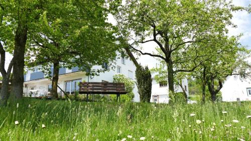 eine Parkbank im Gras vor einem Gebäude in der Unterkunft Rhön Ferienwohnung Ebert in Gersfeld