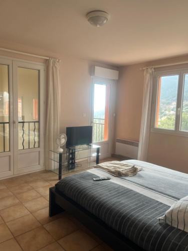- une chambre avec un lit, une télévision et des fenêtres dans l'établissement Belle villa avec piscine proche monaco, à La Turbie