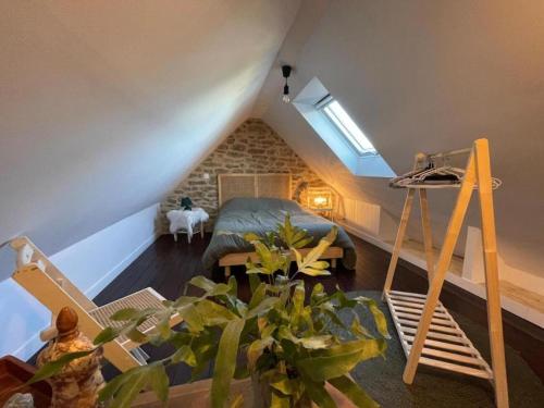 Cette chambre mansardée comprend un lit et une échelle. dans l'établissement Ty Kerf' proche centre, cosy, à Quimper