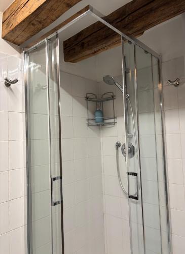 a shower with a glass door in a bathroom at San Marco Loft in Venice