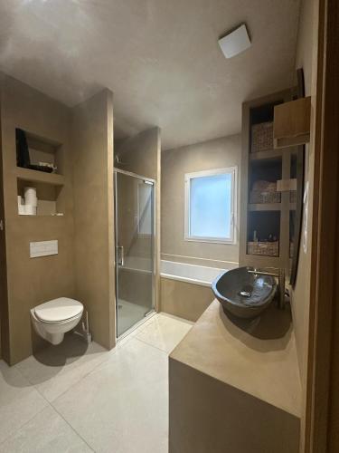 une salle de bain avec toilettes, lavabo et douche dans l'établissement Magnifique Villa Neuve Cap Corse, à Brando