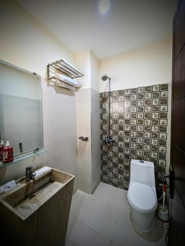 a bathroom with a toilet and a sink and a mirror at hotel Elites Residency in city center , iqbal town in Lahore