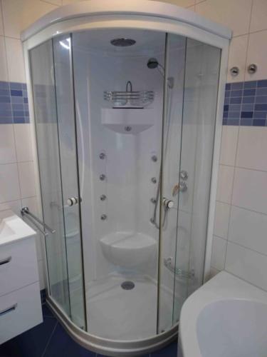 a shower with a glass door in a bathroom at Bärenfalle in Neuhardenberg