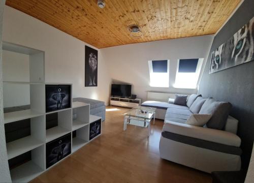a living room with a couch and a tv at Ferienwohnung Carola in Altenburg
