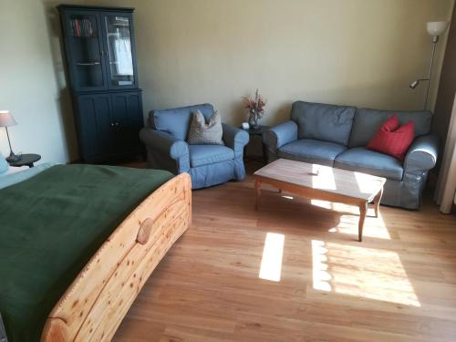 a living room with a bed and a couch and a table at Ferienwohnung Storchenblick in Großwulkow