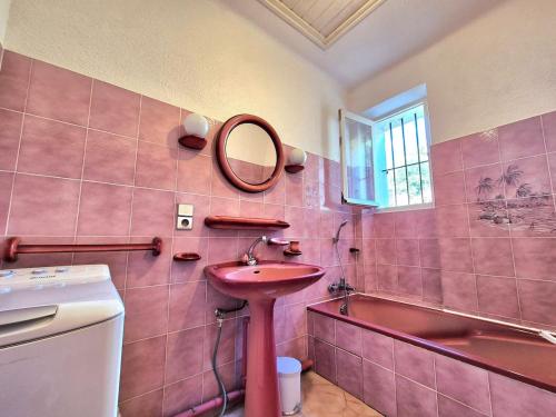une salle de bain rose avec un lavabo et un miroir dans l'établissement Maison familliale, vaste jardin proche mer et centre ville, à Bandol