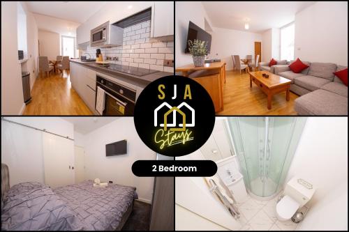 a collage of photos of a kitchen and a living room at Affleck Stay 2 - SJA Stays - Modern 2 Bed Apartment in Aberdeen
