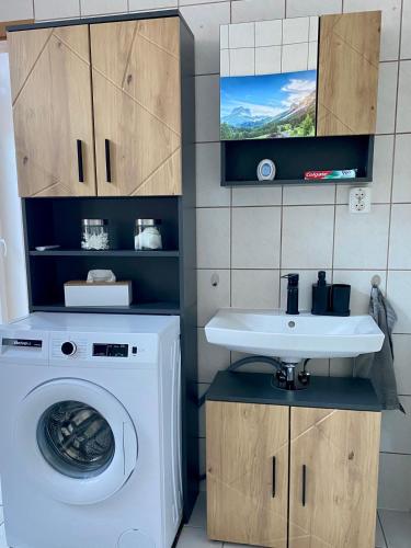 a bathroom with a washing machine and a sink at Ferienwohnung Parkblick in Arnstadt