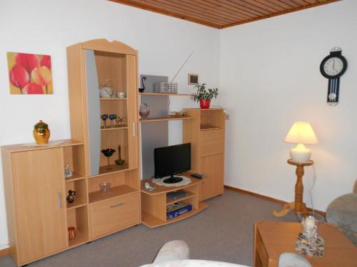 a living room with a tv and a book shelf at Ferienhaus Köllner in Fischbach