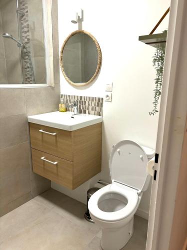 une salle de bain avec toilettes, lavabo et miroir dans l'établissement Studio 4 people Stella beach, à Cucq