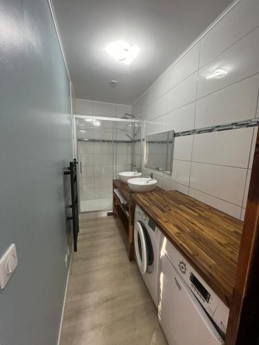 une salle de bain avec une machine à laver et un lavabo dans l'établissement Fleur de vigne, à Saint-Laurent-de-Médoc