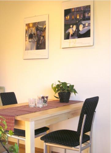 a dining room table with two chairs and a plant at Ferienwohnung in Preußisch Oldendorf in Preußisch Oldendorf