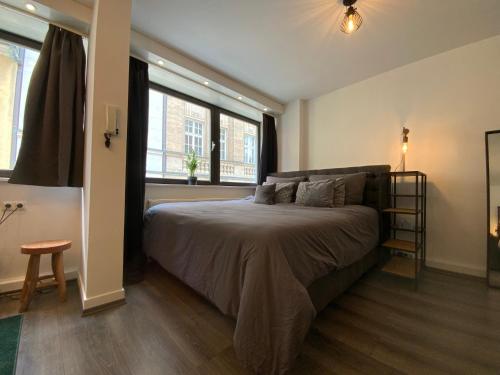a bedroom with a bed and two windows at Lifestyle Apartments - CityLoft in Coburg