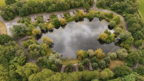an aerial view of a lake in the middle of a forest at Ball Hall Farm by Wigwam Holidays in East Cottingwith