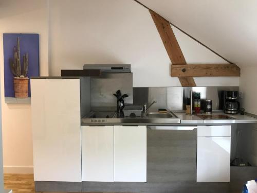 une cuisine avec des armoires blanches et un évier dans l'établissement Chambre meublée avec salle de bain privative, à Nantes
