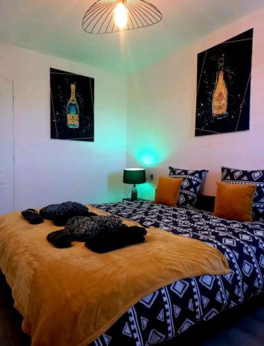 - une chambre dotée d'un grand lit avec des oreillers bleus et oranges dans l'établissement Le CoEuR du ViGnObLe Capacité 16 personnes max Venez partager un moment agréable en famille amis couples jeux Pétanque jacuzzi, à Épernay