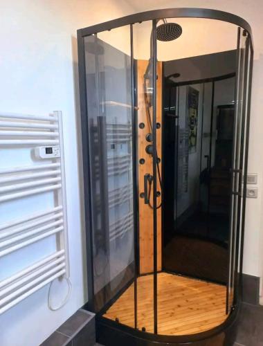 une douche avec une porte en verre sur un mur dans l'établissement Le CoEuR du ViGnObLe Capacité 16 personnes max Venez partager un moment agréable en famille amis couples jeux Pétanque jacuzzi, à Épernay