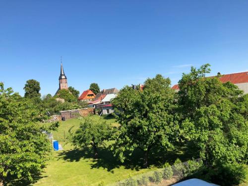 a view of a village with a church and trees at 2-Zimmer-Apartment für 4 PersonenFeWo 1 in Groß Miltzow