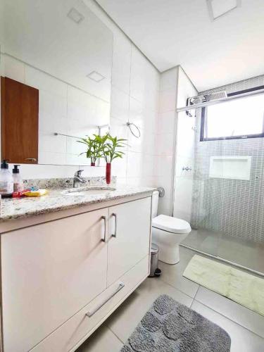a bathroom with a sink and a toilet and a shower at Loft aconchegante próximo ao Capivari in Campos do Jordão