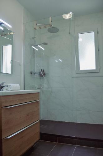 une douche en verre dans une salle de bain avec un lavabo dans l'établissement La Belle Escale à Perpignan, à Perpignan