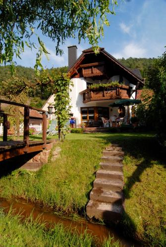 a house with a path next to a river at Ferienwohnung Haus Winterberg in Erfweiler