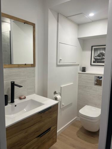 une salle de bain avec un lavabo blanc et des toilettes dans l'établissement Cottage du charme, à Mauron