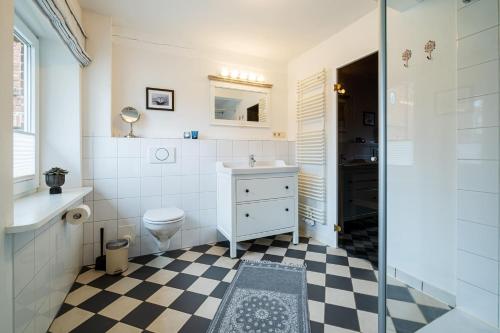 Un baño con inodoro, lavabo y ducha. en Bauernhaus am Mühlendamm, en Steinbergkirche