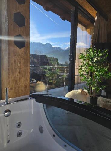 a bath tub with a view of a mountain at Sobiczkowy Dwór Apartamenty-Kasprowy Wierch & SPA in Kościelisko