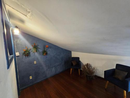 an attic room with two plants on the wall at Pousada Janelas de Ouro Prêto in Ouro Preto