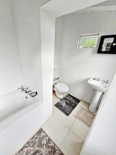 a white bathroom with a toilet and a sink at Roes se Moes in Kestell