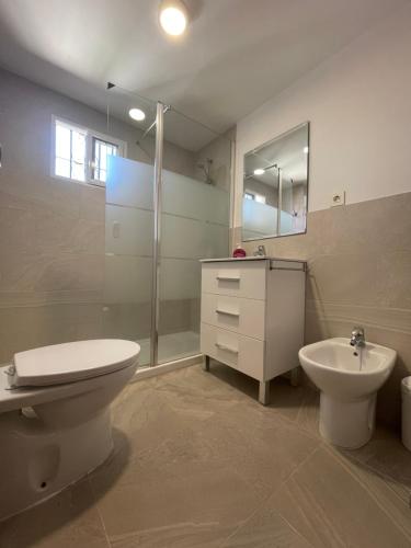 een badkamer met een toilet, een wastafel en een spiegel bij Tu casa en Doñana in Matalascañas