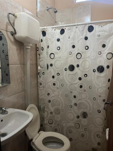 a bathroom with a shower and a toilet and a sink at Casa Rústica para 8 personas in Mar Azul