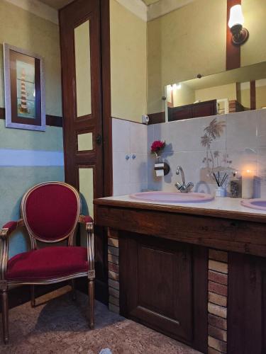 La salle de bains est pourvue d'un lavabo, d'une chaise et d'un miroir. dans l'établissement L'appartement des Tanneries, à Tonnerre