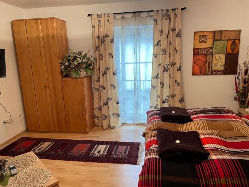 a living room with a bed and a window at Schöne Ferienwohnung in Bahnhofsnähe für Urlaub, Studium oder Arbeit in Deggendorf