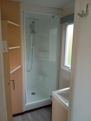 une salle de bain avec douche et lavabo dans l'établissement Mobil-Home Provence, à Cheval-Blanc